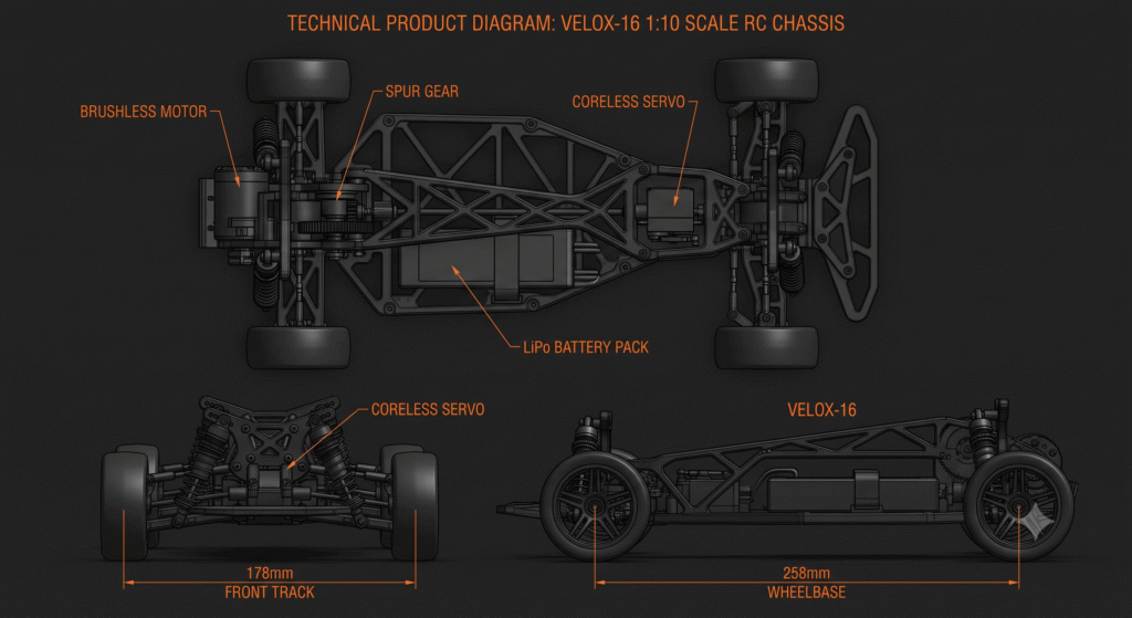 VELOX-16 chassis three-view: top, front, and side with 258 mm wheelbase and 178 mm front track